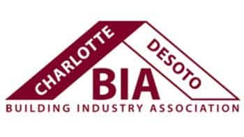 Logo of the Charlotte Desoto Building Industry Association, featuring maroon text and a stylized roof above the initials "BIA," representing Southwest Florida's excellence in construction management.