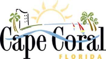 Cape Coral Florida logo with stylized text, a sun, a building, palm trees, sailboats, and a blue wave graphic—capturing the vibrant spirit and Construction Management growth of Southwest Florida.